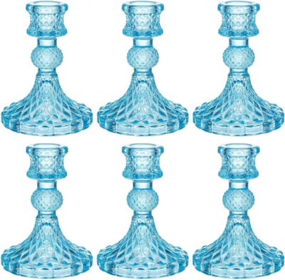 Solidchoice- Kandelaarset 6-delig - Transparante Glazen Kandelaar - Blauw - Tafeldecoratie - Stabiel en Veilig - Elegante Sfeer - Kaarsenhouder