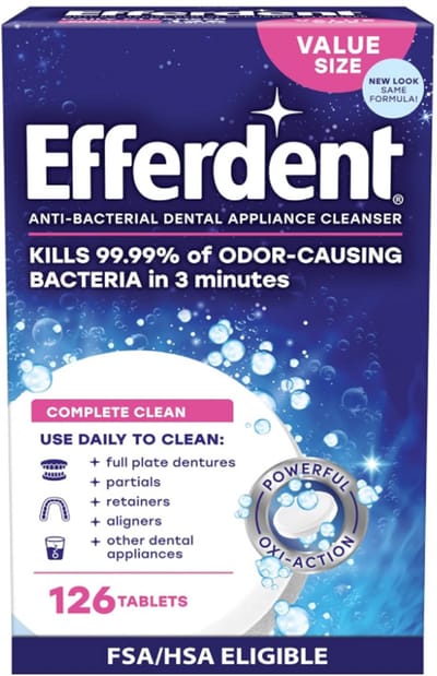 Efferdent Antibacteriële Reinigingstabletten voor Retainers 126 Stuks Voordeelverpakking (Complete Clean) – Kunstgebit Reinigingstabletten voor Retainers, Nachtbeugels, Gebitsbeschermers, Aligners & Gebitsapparaten