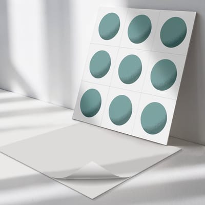 Wallfluent Vinyl Tegels - Geometrische Cirkels in Een Raster Zelfklevende PVC Tegels - 30 cm x 30 cm - Turkoois Vinyl Tegels - 9 stuks - Vierkant PVC Tegels - Abstractie Plaktegels - Vinyl Vloer Tegels - Plaktegels Keuken en Badkamer