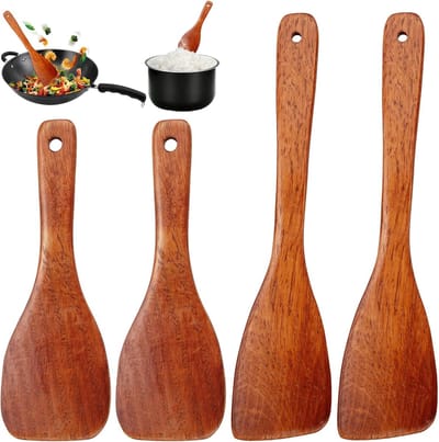 Famanu – 4 stuks houten schraper - olijfhouten kooklepel - spatel - pannenspatel - olijfhout - houten spatel voor koken - pannenspatel - lange handgreep - antiaanbaklaag - houten spatel voor keuken - restaurant (bruin
