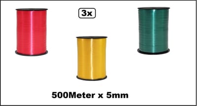 3x Krullint rood-geel-groen 10mm x 250meter - Vernieuwd - nu met folie beschermlaag om de rol - Carnaval Krullint kerst thema feest decoratie kado