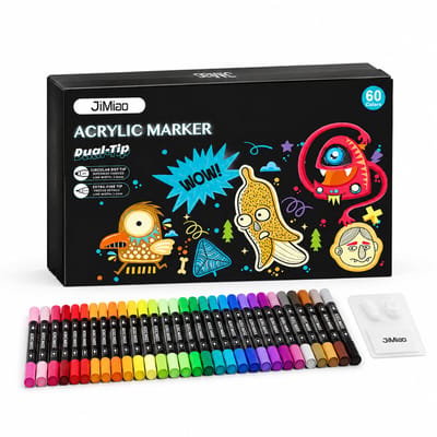 Acrylmarkers op waterbasis - 60 stuks 60 kleuren - dubbele punt met ronde dikke punt en fijne punt - basisverpakking