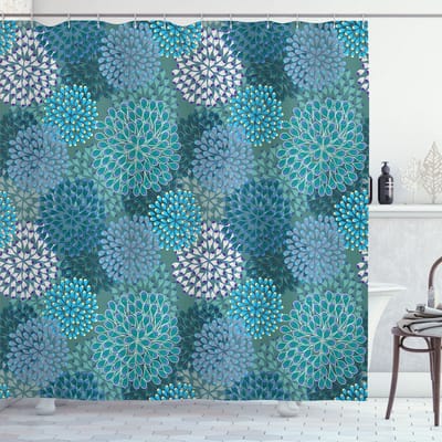ABAKUHAUS douchegordijn – bloemen anjers – 175x200 cm – petrol teal