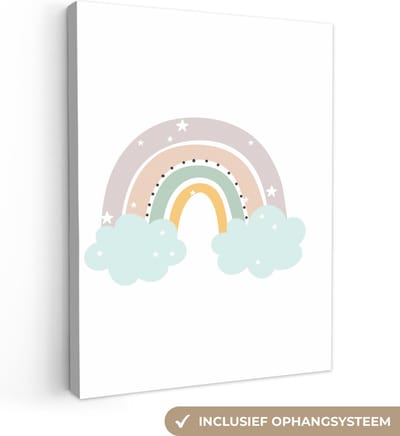 Schilderij voor kinderen - Kinderkamer decoratie - Regenboog - Sterren - Stippen - Kinderen - Canvasdoek kinderen - Muurdecoratie - 30x40 cm