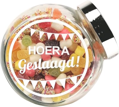 Snoeppot Gevuld met Tum Tum Snoep | Tekst: 'Hoera Geslaagd' | Origineel Geslaagd Cadeau | Diploma Feest Verrassing | Rijbewijs cadeau | Examen cadeau