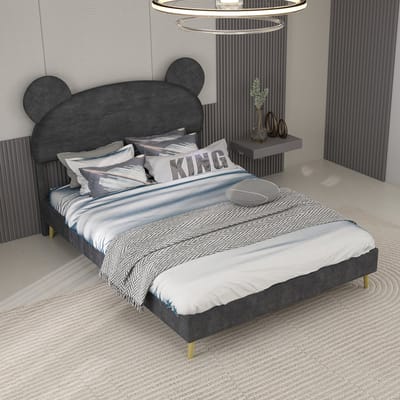 Wishdor Gestoffeerd Bed – 140 x 200 cm – Cartoonvormig Hoofdbord – Pneumatische Opbergruimte – Stof en Metaal Grijs – Speels Design voor Kinderkamer – Stevige Constructie tot 113 kg – Geen Boxspring Nodig