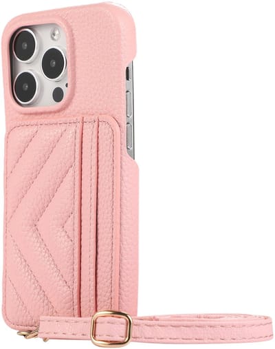Modieuze crossbody telefoonhoes – geschikt voor Apple iPhone 16 Plus – stijlvol & functioneel hoesje met kaarthouder en draagkoord - Roze
