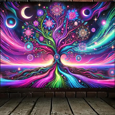 Blacklight Levensboom Wandkleed Psychedelische Ruimte Melkweg Neon Wandkleden UV Reactief Wandkleed Licht Op In Het Donker Neon Achtergronden 40x60 cm blue
