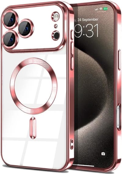 Telefoonhoesje Geschikt voor iPhone 17 Pro – Siliconen Hoes met Chroom – Compatibel met MagSafe – Geïntegreerde Camerabescherming – Rosé Goud – FuturiQ