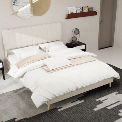 Modern minimalistisch gestoffeerd bed met zacht hoofdeinde - 160x200 cm - beige, multifunctioneel slaapkamermeubilair - laag profiel zonder opbergruimte (zonder gasveer) - matras niet inbegrepen.