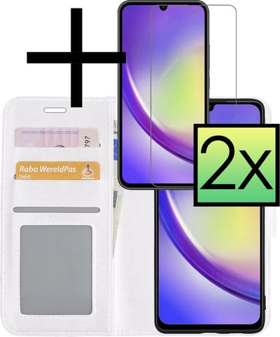 Hoesje - Met 2x Screenprotector - Geschikt voor Samsung Galaxy A34 - Luxe Pasjeshouder - Bookcase Portemonee - Flip Case - Kunstleer Book Case - Flipcase Hoes - Book Cover - Walletcase - Portemonneehoes - Wit