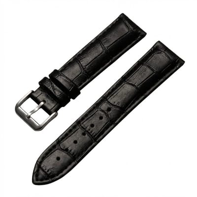 Zwart horlogebandje 16 mm geschikt voor dames en heren met krokodillenlook structuur en zilverkleurige gesp, smal vervangend horloge bandje met stiksel