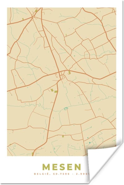 Poster Kaart - Stadskaart - Vintage - Mesen - Plattegrond - 120x180 cm XXL