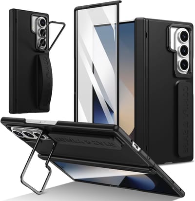 Zwart Wristband Case met Kickstand en Magnetische Hinge Bescherming voor Galaxy Z Fold7 met Handstrap en Schermbeschermer