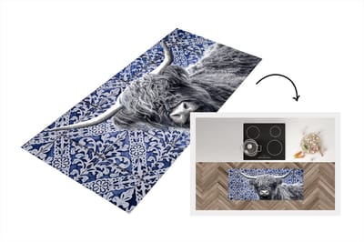 Keukenloper - Loper keuken - Delfts blauw - Schotse hooglander - Zwart - Wit - 120x50 cm - Keukenloper vinyl