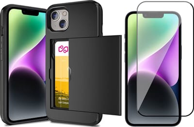 Hoesje met Pasjeshouder geschikt voor iPhone 14 - Screen Protector FullGuard - Back Cover SlideCase Zwart & Screenprotector