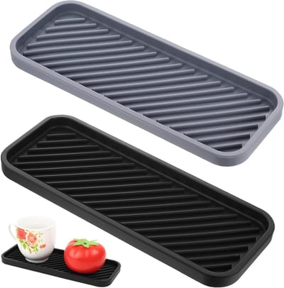 Praktische Siliconen Afvoer Mat voor de Keuken - Organiseer je Afwas met Antislip Druptray en Sponshouder - Set van 2, 23 x 9 cm, Zwart
