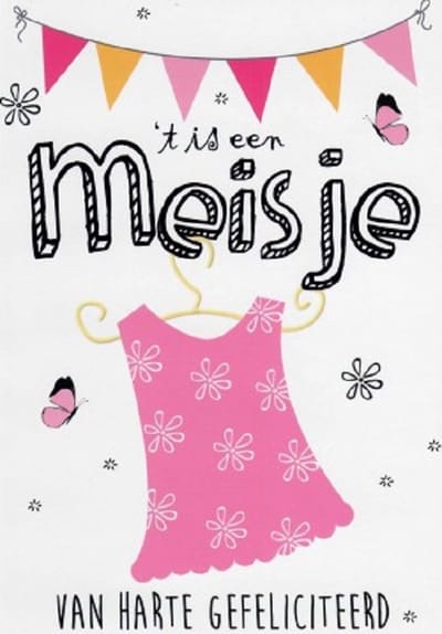 ´T is een meisje! Van harte gefeliciteerd! Een bijzondere kaart met babykleding op de hanger. Daar omheen vliegen vlinders en hangt een kleurrijke slinger. Een dubbele wenskaart inclusief envelop en in folie verpakt.