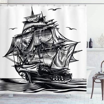 ABAKUHAUS Piraatschip Douchegordijn – Nautische lijn, 175x180 cm, Wit/Zwart