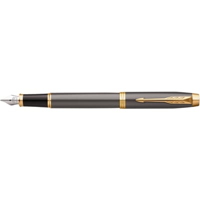 Parker IM Fountain Pen | Grey Lacquer with Gold Trims | Fine Polished Stainless Steel Nib | Blue Ink Cartridge Refill | Gift Box