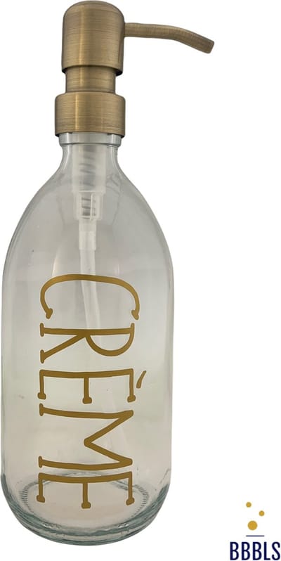 BBBLS® Design Dispenser "Creme" | Transparant Glas | 500ml | RVS / Metaal Pomp Goud | Zeeppomp | Zeepdispenser | Zeephouder