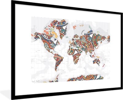 Poster in lijst - Fotolijst 90x60 cm - Posters - Wereldkaart - Versiering - Kleurrijk - Posterlijst zwart - Decoratie - Wanddecoratie woonkamer - Muurdecoratie slaapkamer