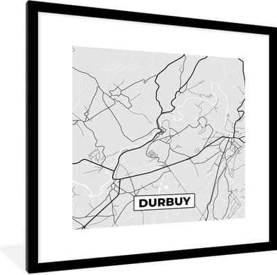 Fotolijst incl. Poster Zwart Wit- Stadskaart – Zwart Wit - Kaart – Durbuy – België – Plattegrond - 40x40 cm - Posterlijst