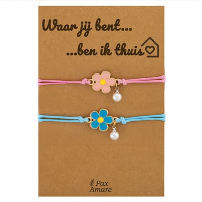 Koppel Armbandjes voor 2 "Waar jij bent, ben ik thuis" - Bloemen - Vriendschapsarmbandjes met Liefdevol Cadeau Kaartje - Blauw & Roze - Elastisch Verstelbaar - Pax Amare