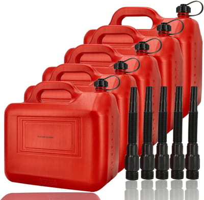 Jerrycan 20 Liter Rood – Set van 5 – UN-Gekeurde Brandstof Jerrycans voor Benzine en Diesel – Kunststof Benzinetank met Lange Schenktuit, Trechter en Vulslang – Lekvrije Jerrycan 100 L Totaal – Voor Auto, Boot, Camper en Grasmaaier