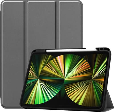 Hoesje - Geschikt voor Apple iPad Pro (2021) - 12.9 inch - Dun & Stevig - Trifold Bookcase - Hard Cover Case - Met Uitsparing Geschikt voor Apple Pencil - Hardcover Book - Tablet Hoes - Grijs
