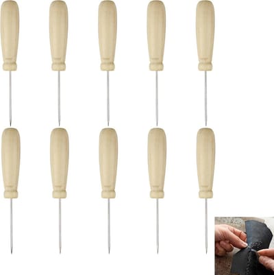 Dailygoods- Priknaald met natuurlijk houten handvat - Creatieve perforaties - 10 stuks - Ergonomische grip - Geschikt voor kinderen - Voor fijne stof - Ponsnaald