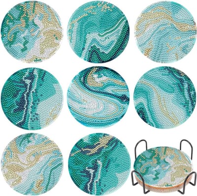 Namajunas - Diamond painting - Onderzetters met houder - DIY Diamant Schilderij Glas Onderzetters - Set van 8 - Antislip-onderzetters voor drankjes - Ronde keukentafel decoratie - Cadeaus voor volwassenen en kinderen - Marmeren Oceaangrone