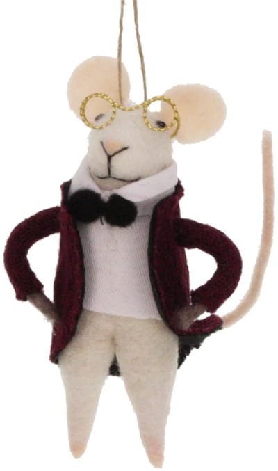 Muis in bordeaux jas en bril vilt 7,5x6,5x12cm