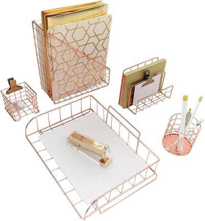 Bureau Organizer Set - Bureau Accessoires - Kantoor Organiseren - 4-Delige Set - Vierkant Metaal - Rose Goud