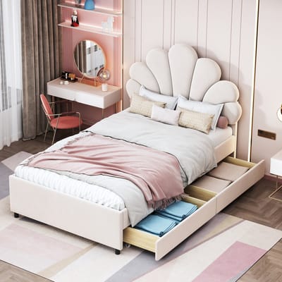 Gestoffeerd kinderbed met bloemblaadjeshoofdbord en opberglades - 90x200 cm - Beige - Fluweel - Inclusief lattenbodem - 2 ruime laden - Tot 200 kg belastbaar - Geschikt voor meisjes- en logeerkamer