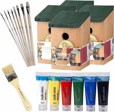 4x stuks vogelhuisjes/nestkastjes 22 cm - Zelf schilderen pakket - verf/kwasten - Kinder feestje/verjaardag activiteiten