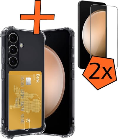 Hoes - Geschikt voor Samsung Galaxy S23 FE - Met 2x Screenprotector - Pashouder - Kaarthouder - Telefoon Hoesje Shockproof - Siliconen Case - Back Cover - Shock Proof - Pasjes Houder - Transparant