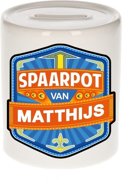Bellatio Decorations Kinder spaarpot met naam - Matthijs - keramiek - met dop - wit - Sparen - Spaargeld van Matthijs