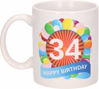 34 jaar Verjaardag koffiemok - cadeau beker - feestelijke ballonnen print - 300 ml - keramiek - wit