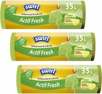 Swirl Vuilniszakken met Trekband Geparfumeerd Actif Fresh 35 liter - 3 x 9 stuks - Voordeelverpakking