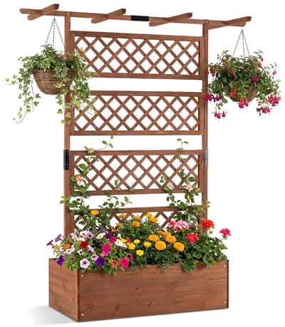 Plantenbak met klimrek - Bloembak - Weerbestendig - Met trellis - Buiten - Hout - Plantenrek - Bruin