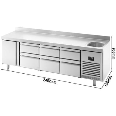GGM Gastro Kühltisch Premium PLUS - 2452x600mm - mit 1 Becken, 1 Tür, 6 Schubladen - Aufkantung