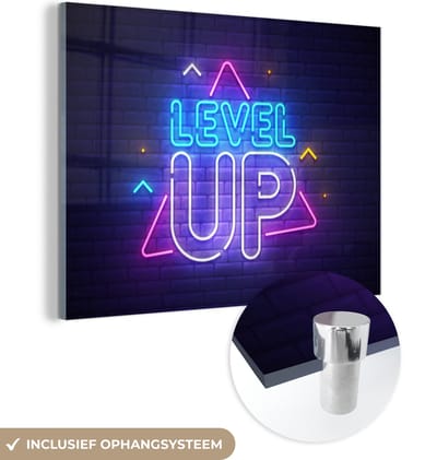 MuchoWow® Glasschilderij 40x30 cm - Schilderij acrylglas - Gaming - Neon - Level Up - Quotes - Gamen - Foto op glas - Schilderijen