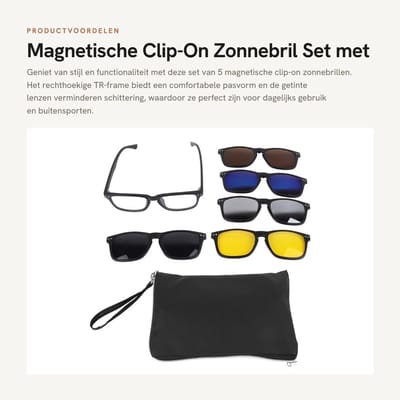 Dailygoods- Zonnebrillen set 5 paar - Magnetische clip-on - TR-montuur - Donkere lenzen - Lichtgewicht - Comfortabele pasvorm - Clip-on Zonnebril