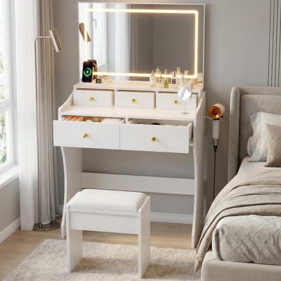 Kaptafel met Spiegel en LED Verlichting - Make-up Tafel met 5 Lades en Stopcontact - 80x40x137 cm