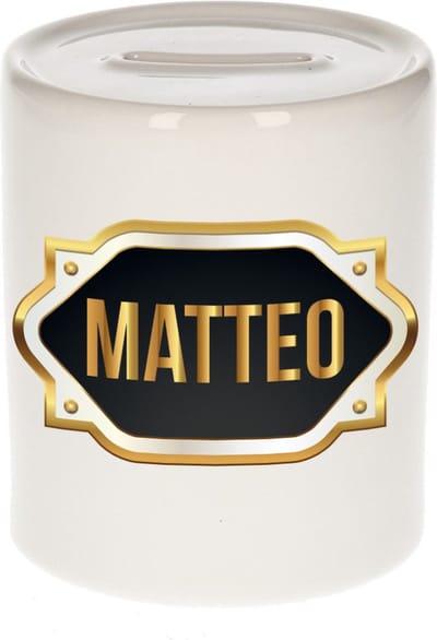 Spaarpot met voornaam Matteo - wit - met goud/zwart embleem - 8 x 9 cm - keramiek - met afsluitdop - cadeau verjaardag