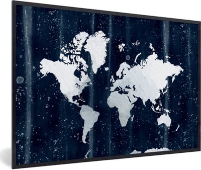 Poster in lijst - Fotolijst 90x60 cm - Posters - Wereldkaart - Wit - Blauw - Posterlijst zwart - Decoratie - Wanddecoratie woonkamer - Muurdecoratie slaapkamer