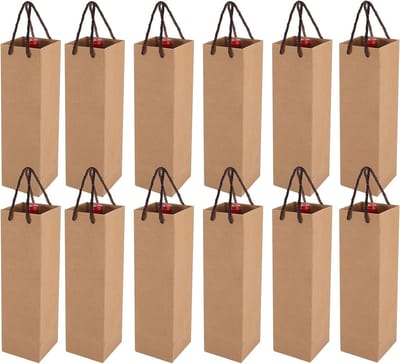 Kraft Papieren Wijnfles Tas Set van 12, Sterke Herbruikbare Tassen met Handvatten voor Feestdagen, Cadeaus en Winkelen, 34.7 x 9.5 x 9.5 cm (Bruin)