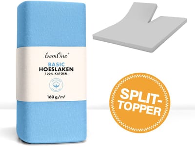 Loom One Hoeslaken Splittopper – 100% Jersey Katoen – 180x200 cm – tot 12cm matrasdikte– 160 g/m² – Lichtblauw