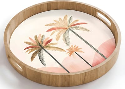 Dienblad rond 40x40 cm - Schootdienblad hout - Palmbomen - Heuvels - Minimalistisch - Zachtroze - Borrelplank rechthoek - Plateau houten dienbladen